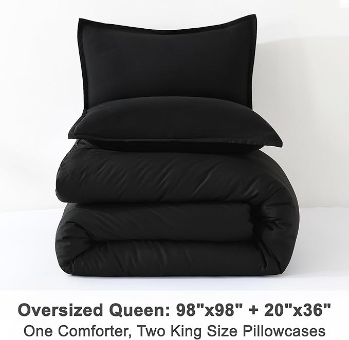 Litanika Comforters Black Oversized Queen Size, 3 Pieces Lightweight Solid Bedding Comforter Set, All Season Fluffy Bed Set (98x98In Comforter & 2 Pillowcases)