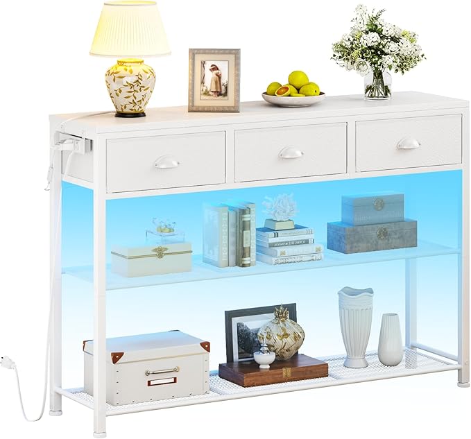 Furologee 38in Console Table with 3 Drawers, Small Sofa Table with Lights and Power Outlets, Hallway Tables with 3-Tier Shelves, White Narrow Console Table for Entryway, Living Room, Couch, Foyer
