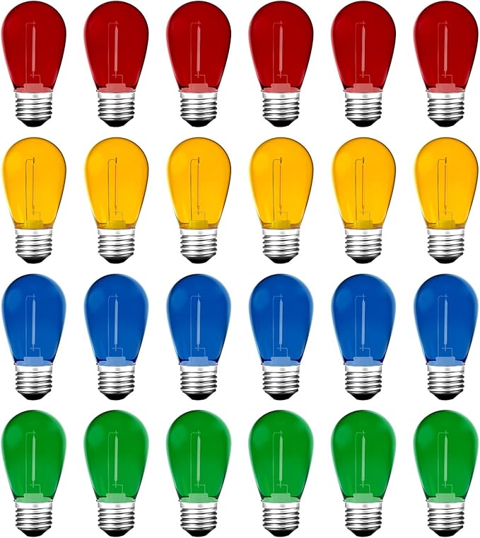 24Pack S14 Colored LED String Light Bulbs,1Watt Plastic Shatterproof Waterproof Outdoor Indoor Replacement Bulbs for Home Decor, E26 Medium Base, Multi-Color: Red/Green/Blue/Orange