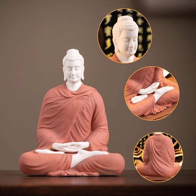 Shakyamuni Buddha Ceramic Statue Indoor Backflow Incense Burner with Led Ring Light Heart Meridian Painting，Meditation Decoration for Home and Office, Suitable for Cone and Stick Incense