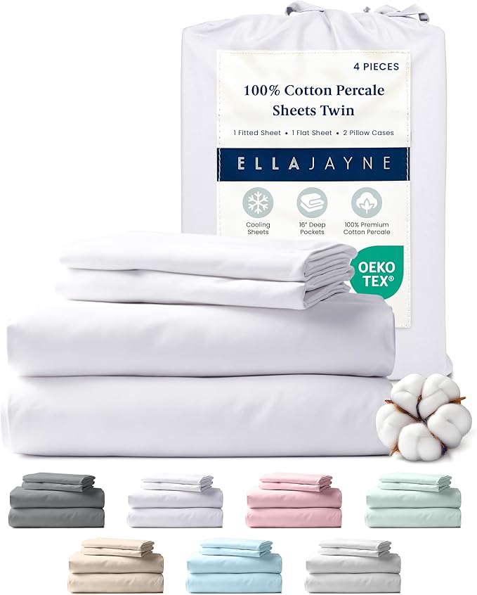 Ella Jayne Percale Sheets Twin (3 Pieces) Permium 100% Cotton Percale TC300, Hotel Luxury Collection, Deep Pockets and Cooling Twin Sheets Set Breathable Cotton Percale (White)