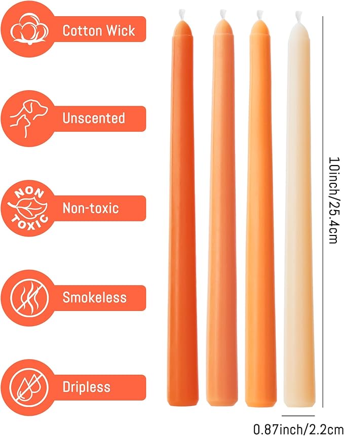 Viyffo Taper Candles 10 Inch Orange Set of 4 Unscented, Dripless, Smokeless Long Tall Tapered Candlesticks Wedding Home Decor Dinner Natural Color Series