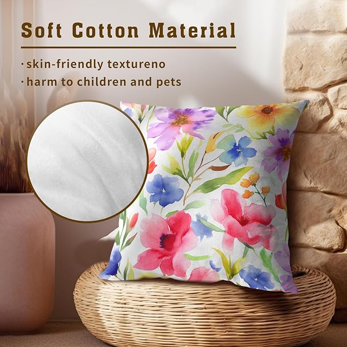 Spring Summer Throw Pillow Covers - Watercolor Flowers Pillow Covers 16x16 Inch Set of 2 Floral Pillowcase Botanical Blossom Cushion Cover for Couch Sofa Garden Patio