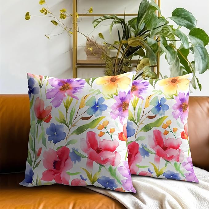 Spring Summer Throw Pillow Covers - Watercolor Flowers Pillow Covers 22x22 Inch Set of 2 Floral Pillowcase Botanical Blossom Cushion Cover for Couch Sofa Garden Patio