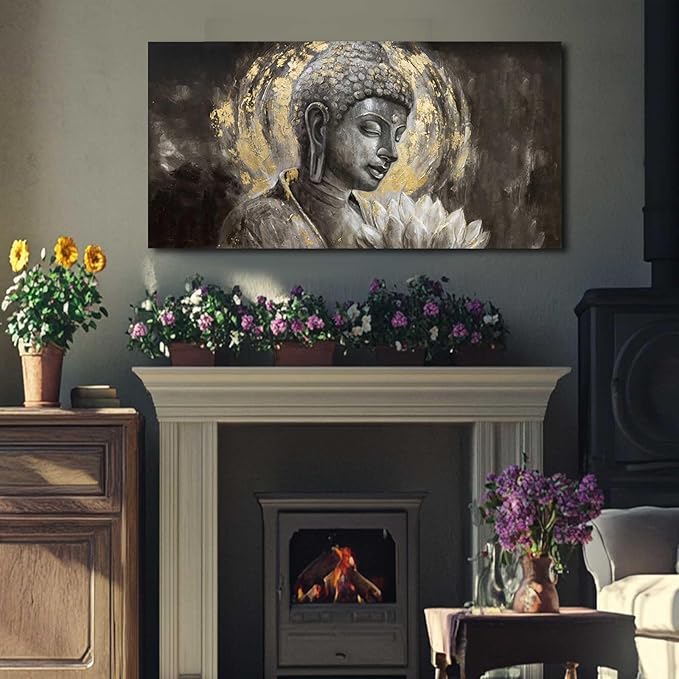 MLART99 Buddha Canvas Wall Decor White Lotus Painting Wall Art Gold and Grey Picture Prints Zen Art for Dining Room Modern Artwork 24x48 Inch