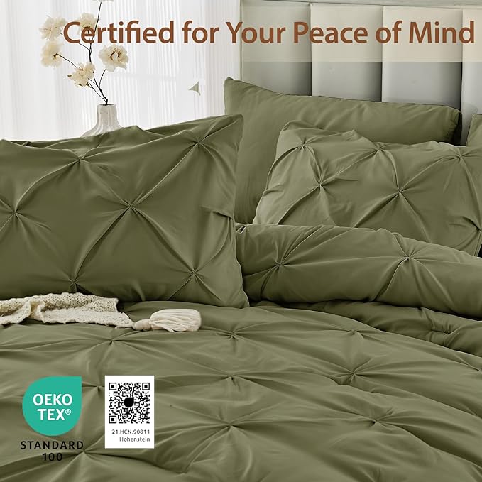 Sasttie Twin XL Comforter Set, 5-Piece Bed in a Bag, Pintuck Bedding Sets for All Season, Includes Comforter, Flat Sheet, Fitted Sheet, Pillowcase and Pillowsham, Olive Green