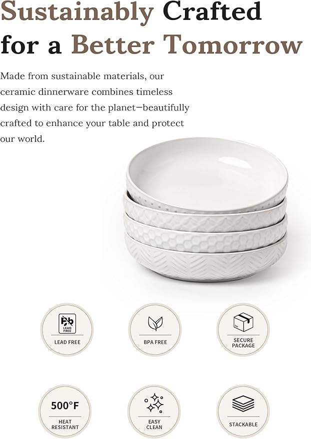 Embossed Ceramic Pasta Bowls Set of 4 – Medium 7.5-Inch, 26oz Serving Bowls for Pasta, Salad, Fruit – Stackable, Microwave & Dishwasher Safe – Great Gift for Housewarming or Everyday Use