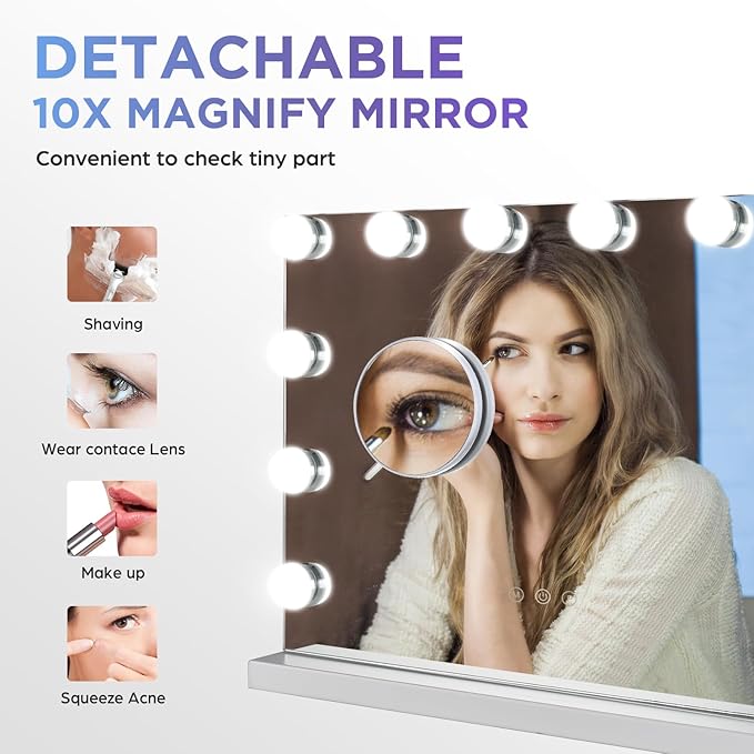 M MIVONDA Vanity Mirror with Lights, Lighted Makeup Hollywood Mirror with Dimmable 3 Color Lights LED Bulbs for Desk and Wall, Mirrors with Plug-in and USB Charger for Bedroom