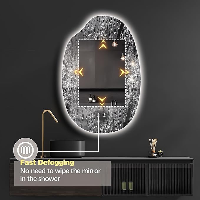 42"x28" Asymmetrical Led Mirror for Bathroom, Irregular Backlit Vanity Mirror with Lights, Frameless Smart Mirror, 3 Colors Stepless Dimmable, Anti-Fog, Memory, CRI95+, Horizontal/Vertical