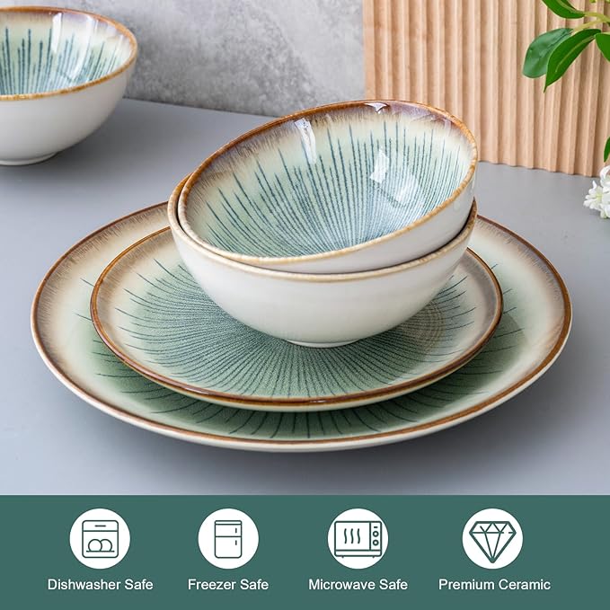 Dinnerware Set Green 12 Pieces Service for 4, Stoneware Plates and Bowls Set Stoneware Set, Dishwasher Microwave Safe Dishes set