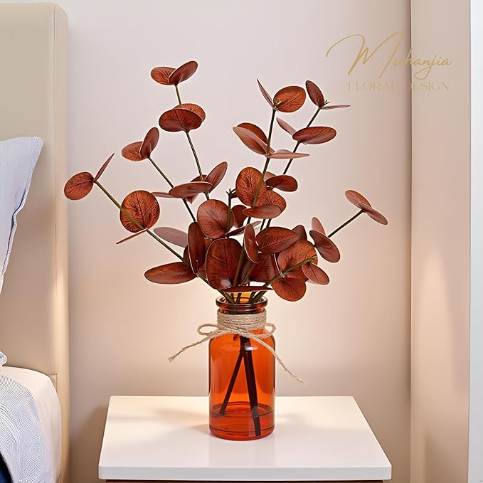 Artificial Eucalyptus Stems in Amber Glass Vase with Faux Water,3Pcs Fake Plant with Double-Sided Terracotta Leaves for Centerpiece (Double-Sided Terracotta Eucalyptus)