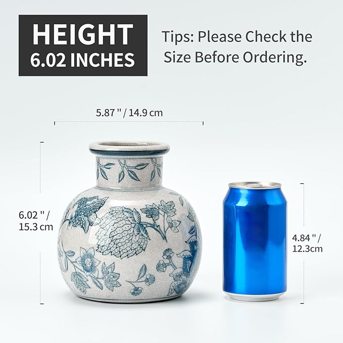 SIDUCAL Blue and White Vintage Vase | 6 Inch Ceramic Chinoiserie Floral | Retro Ice Cracked Blue and White Porcelain Vase for Table, Living Room, Bathroom Decoration, Wedding, Shelf Decor, Mantel