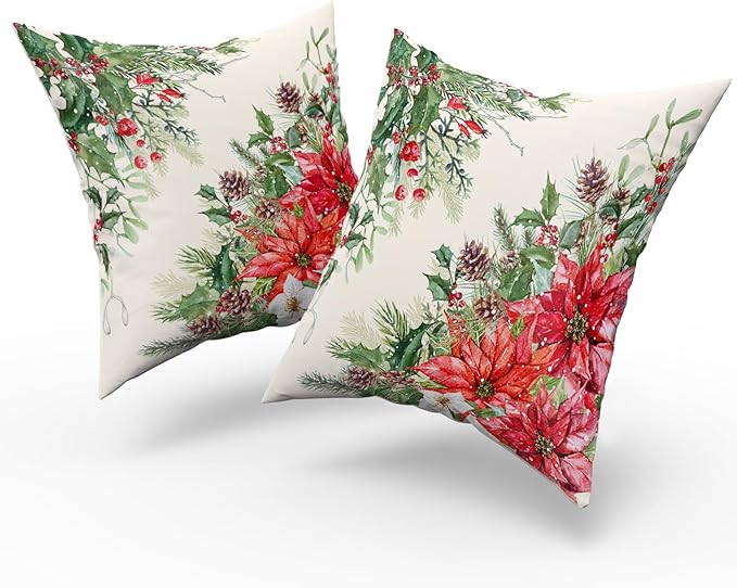 Giwawa Poinsettia Throw Pillow Covers Set of 2, 16"x16" Christmas Holly Berries Pine Cones Winter Red Floral Decorative Square Pillow Cases, Soft Cotton Cushion Covers for Sofa Porch Bedding Decor