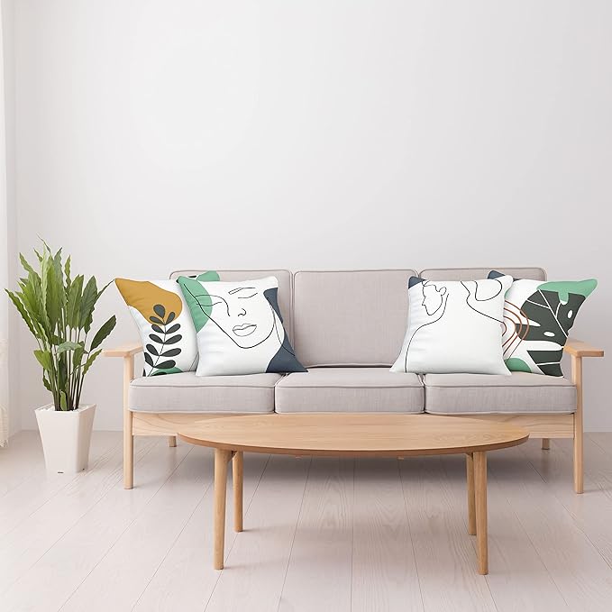 Ambesonne Minimal Throw Pillow Cushion Case Pack of 4, Modern Line Art Woman Portrait with Contemporary Leafy Geometric Details, Modern Accent Double-Sided Digital Printing, 16", Sea Green Slate Blue