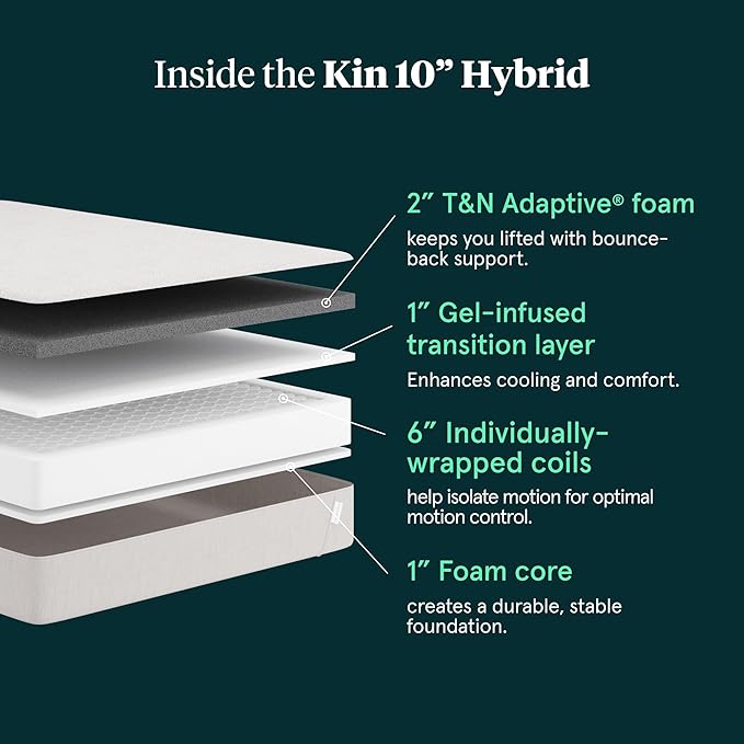 Tuft & Needle Kin Medium Plush 10" Full Hybrid Mattress, Cooling, Pressure Relief, and Individually-Wrapped Coils, 100 Night Trial, Fiberglass-Free, CertiPUR-US, 10-Year Limited Warranty