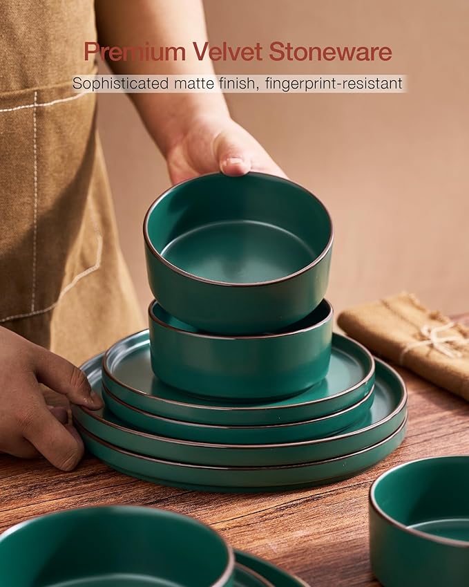 Famiware Nebula Ridge Stoneware Dinnerware Sets, Plates and Bowls Sets for 4, 12 Pieces Dishes Set, Microwave and Dishwasher Safe Kitchen Plates, Dark Green