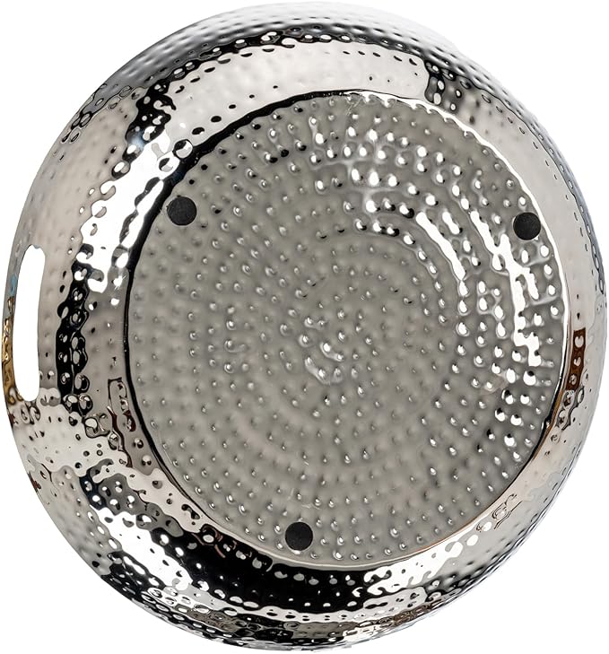 MyGift 14 Inch Deluxe Decorative Dish Tray Centerpiece Base, Silver Tone Plated Hammered Aluminum Fruit Bowl Serving Platter with Cutout Handles - Handcrafted in India