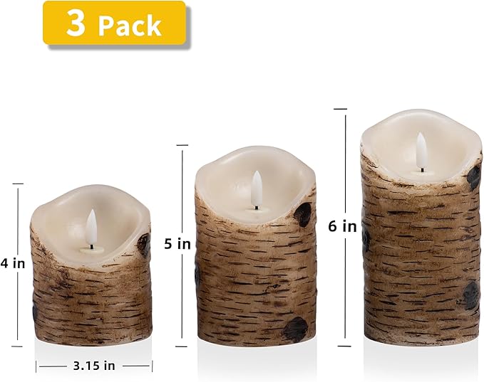 Birch Bark Effect Flameless Candles Battery Operated Pillar Real Wax Flickering Electric LED Candle Sets with Remote Control Cycling 24 Hours Timer, 4" 5" 6" Pack of 3