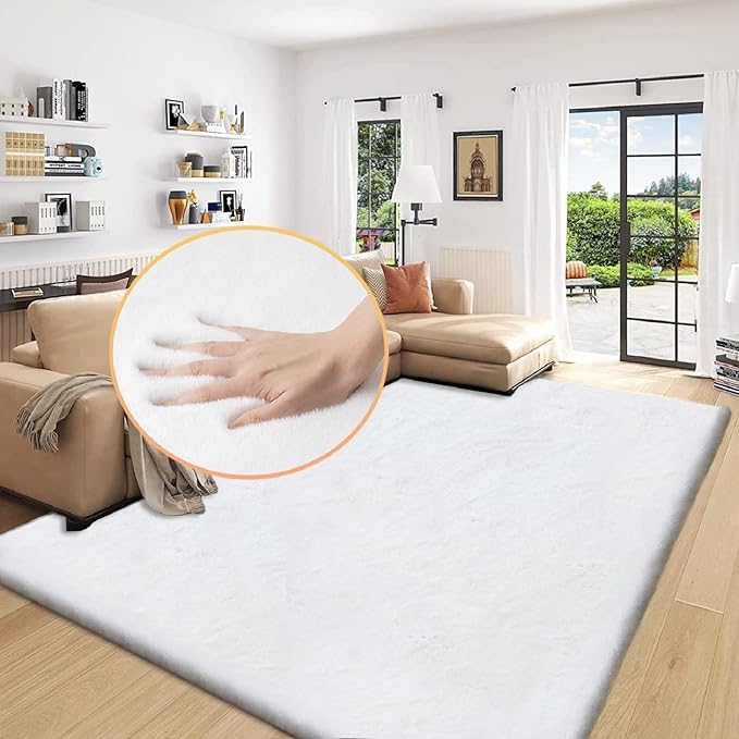 White Fluffy Living Room Rugs 6x9 Area Rug Washable Shag Rugs for Bedroom Faux Rabbit Fur Nursery Rug Rectangle Rug
