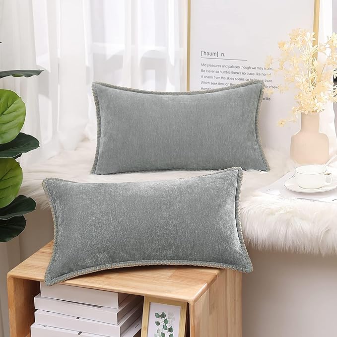 decorUhome Chenille Soft Throw Pillow Covers 12x20 Set of 2, Lumbar Velvet Farmhouse Neutral Decorative Euro Pillow Covers with Stitched Edge for Couch Sofa Bed Home Decor, Neutral Gray