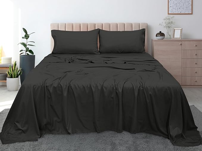 Royale Linens 300 Thread Count 100% Long Staple Combed Cotton Flat Sheet - Super Soft - Top Sheets - Full Flat Sheet Sold Separately - Breathable, Cool & Crisp Percale Sheets Only (Twin XL, Black)