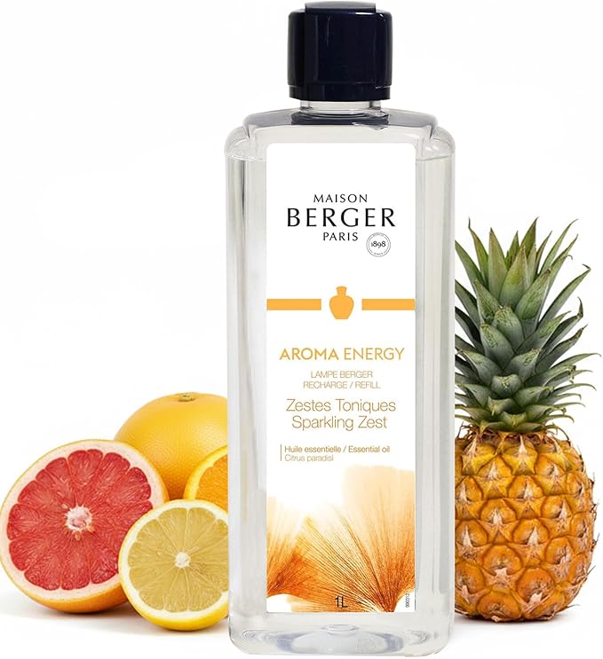 Maison Berger Sparkling Zest Fragrance Refill – 1 Liter (33.8 Fluid Ounces) Lampe Berger Oil for Home Diffuser, Air Freshener Citrus Grapefruit Scent, 160 Hours Aroma, Essential Oil