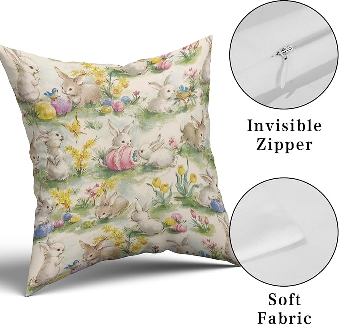 Giwawa Easter Throw Pillow Covers Set of 2 Vintage Bunny Egg Hunt Pillowcases 18x18inch Farmhouse Spring Rabbit Floral Double Sided Cotton Cushion Covers for Sofa Couch Chair Patio Bedroom Decor