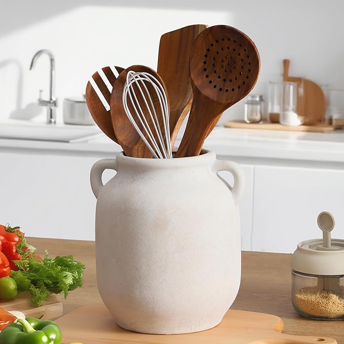 Ceramic Flower Vase Home Decor - 7.6 Inch Farmhouse Rustic White Table Vases with Handle Living Room Decoration Decorative Vintage Pottery for Kitchen Shelf Coffee Dining Desk Bookshelf Fireplace