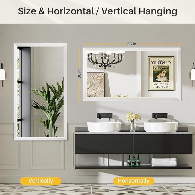 55x30 Inch White Bathroom Mirror for Wall, Thick Metal Framed Rectangle Mirrors for Over Sink, Bedroom, Living Room, Entryway, Anti-Rust, HD Tempered Glass