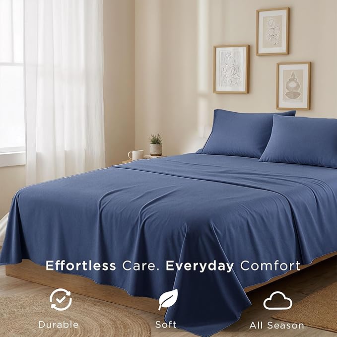 Threadmill 100% Cotton Sheets for King Size Bed | 4 Pc King Bed Sheets Set | Soft, Breathable Lightweight Solid Sateen for All-Season Use | Snug Fit Elastic Deep Pocket King Sheets | Folkstone Blue