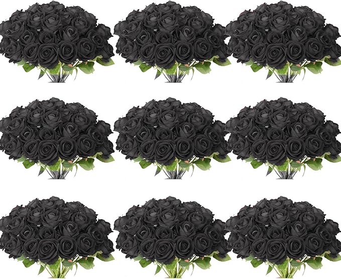 102 PCS Fake Roses Artificial Flowers Bulk, Black Roses Bridal Bouquet Silk Faux Rose with Stems for Wedding Flowers Decoration, Valentine's Day, Bridal Bouquet, Anniversary,Home Decor (102PCS, Black)