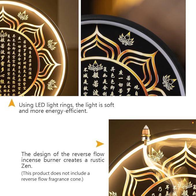 Shakyamuni Buddha Ceramic Statue Indoor Backflow Incense Burner with Led Ring Light Heart Meridian Painting，Meditation Decoration for Home and Office, Suitable for Cone and Stick Incense