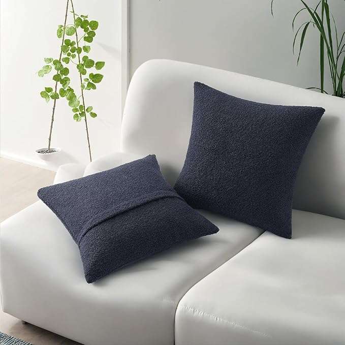 HAUSSY Set of 2 22x22 Decorative Throw Pillow Covers, Soft Cozy Textured Boucle Couch Cases, Home Decor for Couch Bed Living Room, Navy Blue