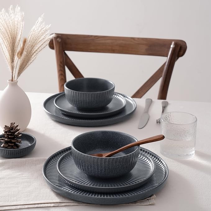 Famiware Starlight Dinnerware Sets, Plates and Bowls Dish Set of 8 (24 Pieces), Ribbed Textured Tableware - Dishwasher & Microwave Safe, Chip Resistant, Reactive Glaze, Matte Midnight Grey