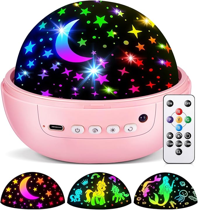 COOLNIGHT Kids Night Light Projector, [93 Lighting+3Films+Remote] Star Projector for Kids, 3 Brightness+3 Timer Star Lights for Bedroom, 360°Rotate + Quieter Stars for Ceiling, Girls Night Light,Gift