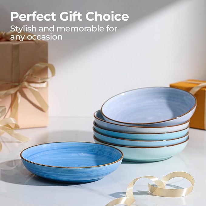 Y YHY 8.5'' Pasta Bowls Set of 6, 30 oz Ceramic Shallow Salad Bowls, Large Serving Soup Bowls Pasta Plates, Microwave & Dishwasher Safe Dinnerware Valentine's Day Gift, Gradient Blue