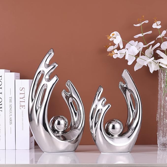 9.5" H Silver Aesthetic Room Decor Accent, TV Stand Funky Table Centerpiece, Abstract Art Ceramic Statue and Sculpture, Silver Decor for Living Room, Bookshelf Decorative Objects, Shelf