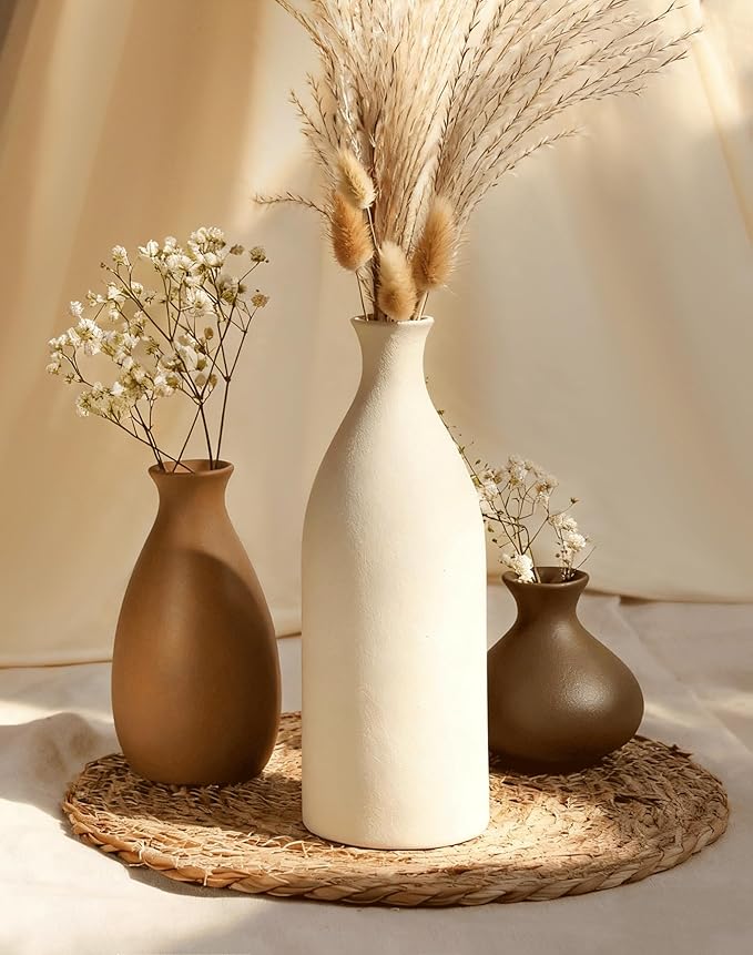 Ceramic Vase Set of 3 Modern Neutral, Flower Vases for Centerpieces, Vases Home Decor Rustic Farmhouse Decor for Table, Shelves, Enterway, Living Room, Bedroom, Office, Kitchen (Brown Grey White)