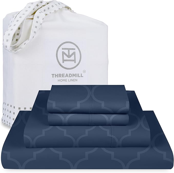 Threadmill Cotton Queen Sheet Set | 100% Cotton Sheets for Queen Size Bed | Damask Jacquard Queen Bed Sheets Set with 16” Deep Pocket | Soft Sateen Weave 4-Piece Cooling Bedding Set | Folkstone Blue