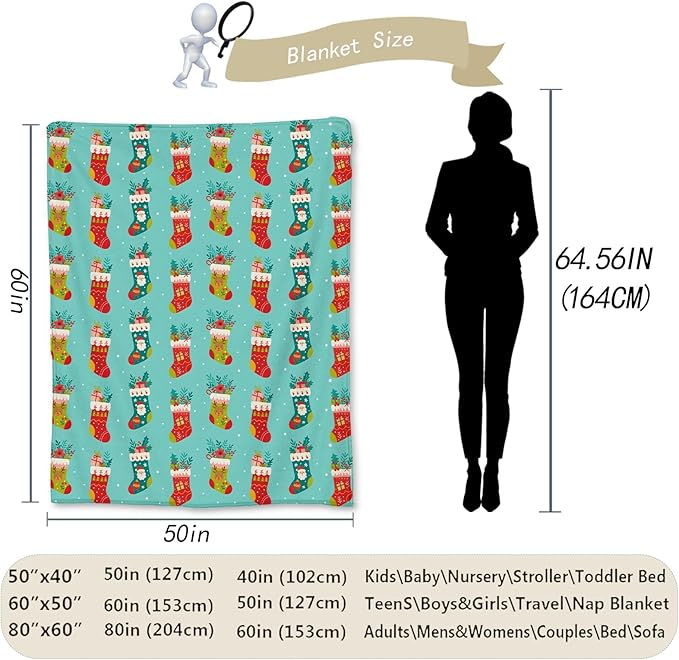 Christmas Stocking Blanket, Soft Lightweight Flannel Colorful Stockings Throw Blanket for Couch, Bed, Travel & Decor Gifts, Cozy Warm Fuzzy Holiday Blankets for Adults Women Girls Kids 80×60 in