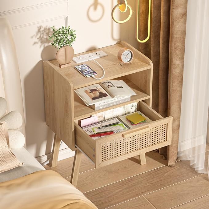 Lerliuo Rattan Nightstand with Charging Station, Boho Night Stand with Handmade Natural Rattan Drawer and Open Shelf, Cane Accent Side End Tables with Solid Wood Legs for Bedroom, Dorm, Small Spaces