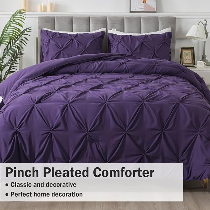 Andency Purple Comforter Twin(66x90Inch), 2 Pieces(1 Pintuck Comforter, 1 Pillowcase) Microfiber Pinch Pleat Comforter Set Twin Size, Lightweight and Soft Bedding Comforter Set