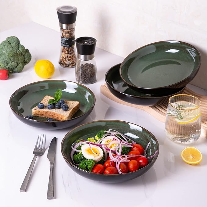 LERATIO 9.0" Pasta Bowls,38oz Ceramic Pasta Bowls,Reactive Glaze Pasta Bowl Set of 4,Microwave & Dishwasher,Oven Safe,Large Wide Serving Bowls for Salad, Dessert,Scratch Resistant-Green