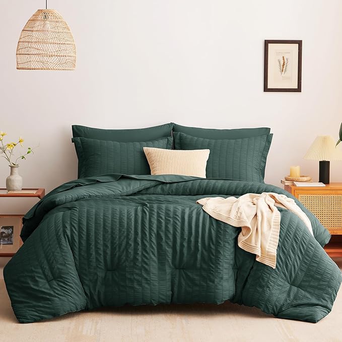 CozyLux King Size Comforter Set Forest Green Seersucker 7 Pieces Bed in a Bag King Comforter Set with Sheets, Luxury Bedding Set with Down Alternative Comforter, Sheets, Pillowcases & Shams All Season