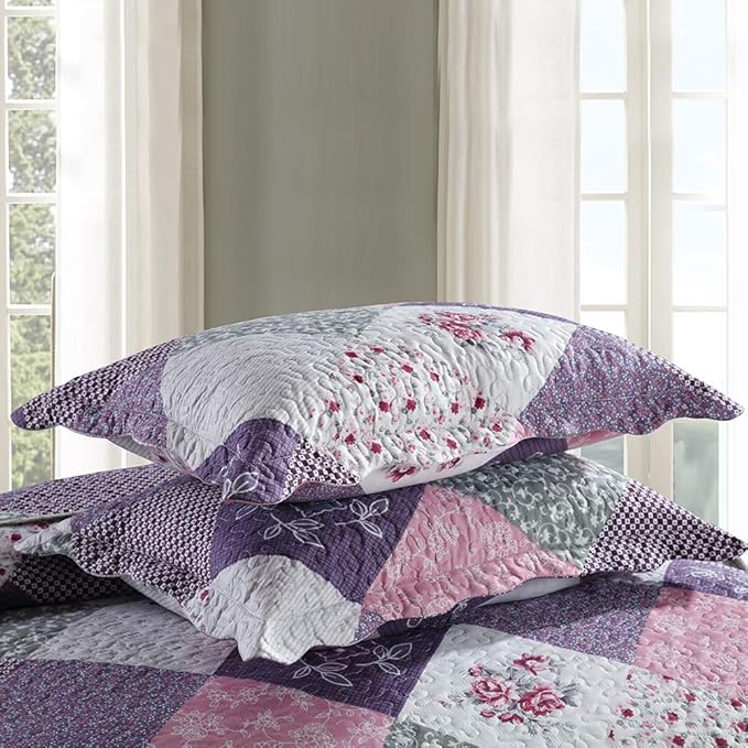 Homcosan Quilt Bedspreads Sets King Size (98x106 inches), Reversible Purple Floral Patchwork Patterns, Lightweight Coverlet for All Season, 3-Piece Bedding (1 Quilt + 2 Pillow Shams)