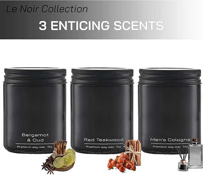 Set of 3 Scented Soy Candles Gift Set | Le Noir Collection | Men’s Cologne, Red Teakwood, Bergamot & Oud | Crackling Wood Wick | 40+ HR Burn, 7oz Each | Luxury Gift for Men & Home