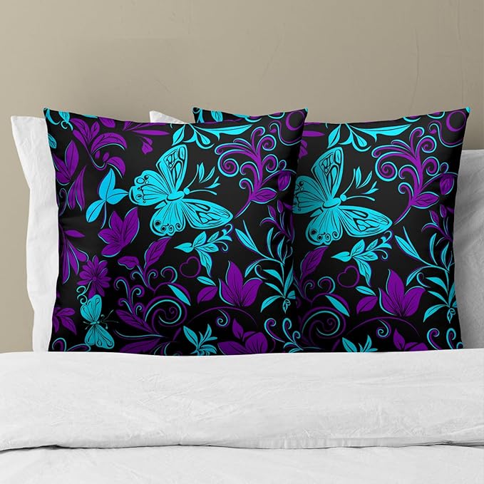 Teal Purple Butterfly Pillow Covers - Butterflies Throw Pillow Covers Floral Pillowcases Flowers Cushion Cover for Sofa Bedroom Patio 22x22 Inch