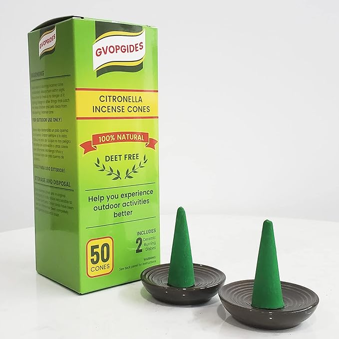 Citronella Incense Cones (50 Cones) with 2 Ceramic Dishes, 30 Min Burn Time, Plant Based Ingredients