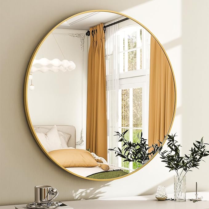 30 Inch Round Bathroom Mirror - Gold Wall Mounted Circle Mirror with Metal Frame, Modern Round Hanging Mirror Suitable for Bathroom, Vanity, Entryway, Living Room