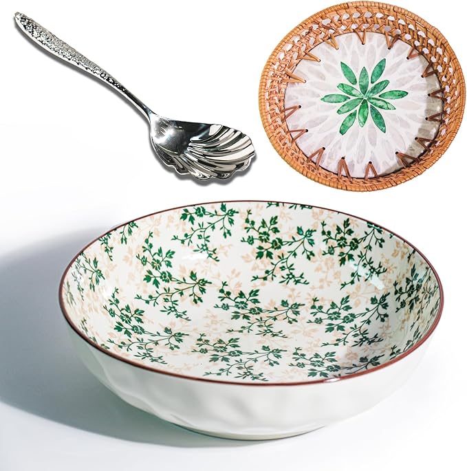 10"Ceramic Large Salad Serving Bowl with Serving Utensil & 7.8"Round Rattan Tray with Mother of Pearl Inlay for Vegetables, Fruit, Baking, Dessert, Kitchen, Party Diy, Pre Meal and Serve Dishes